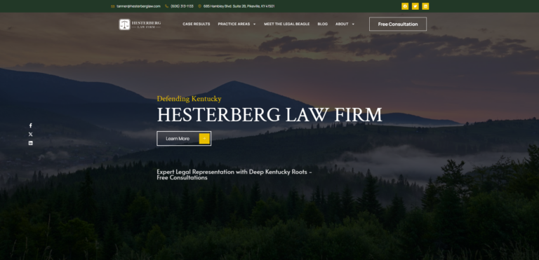 Screenshot of the Hesterberg Law Firm website featuring a modern, professional design with a clean layout and easy navigation